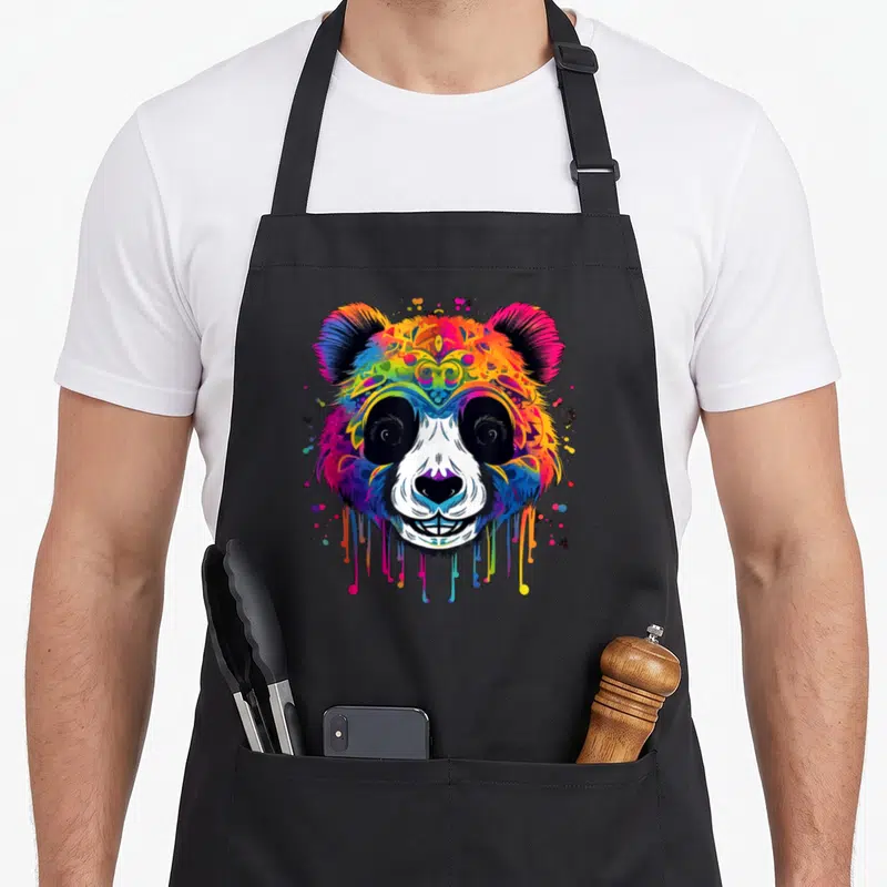 Tablier de cuisine noir avec tête de panda colorée en arc-en-ciel et motifs tribaux psychedéliques