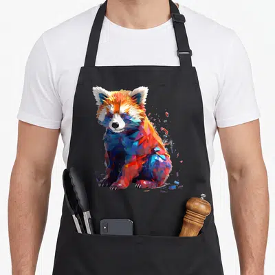 Tablier de cuisine noir avec illustration low-poly d'un panda rouge aux couleurs vives et facettées.