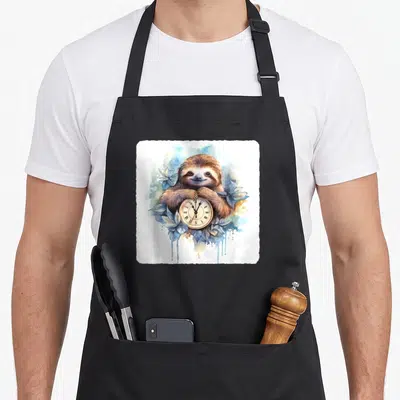 Tablier de cuisine noir avec un paresseux tenant une horloge entouré de fleurs bleues en aquarelle.