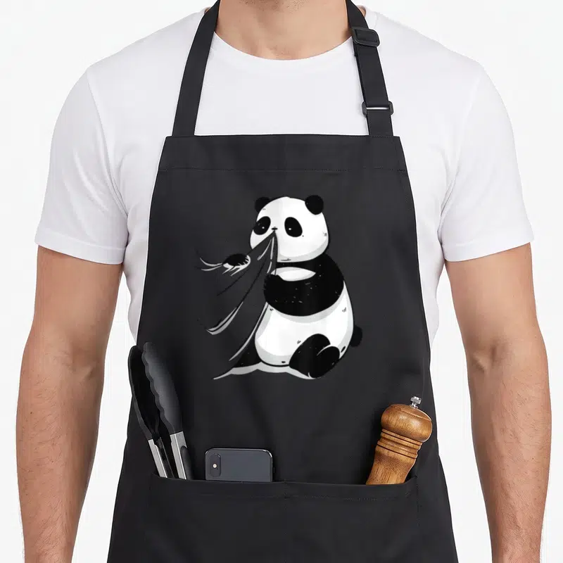 Tablier de cuisine noir avec un ours géant panda mangeant du bambou dessiné au trait.
