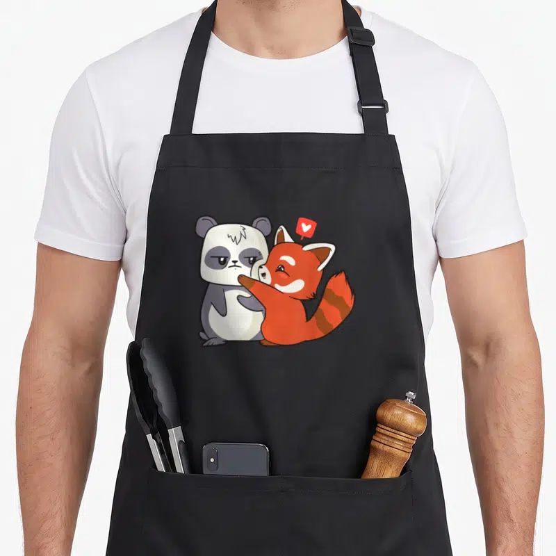 Tablier de cuisine noir avec illustration d'un ours panda et d'un renard roux s'étreignant sous un cœur rouge