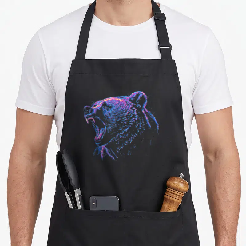 Tablier de cuisine noir avec illustration néon d'un Grizzly Bear hurlant aux couleurs vives.