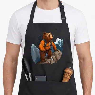 Tablier de cuisine noir avec ours alpiniste en veste orange et sac à dos sur un rocher devant des sommets enneigés.
