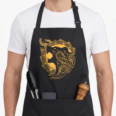 Tablier de cuisine noir avec illustration circulaire d'un ours polaire en guerrier viking orné de motifs celtiques dorés.