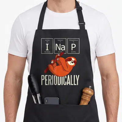 Tablier de cuisine noir avec un paresseux orange et des symboles chimiques I Na P en blanc.