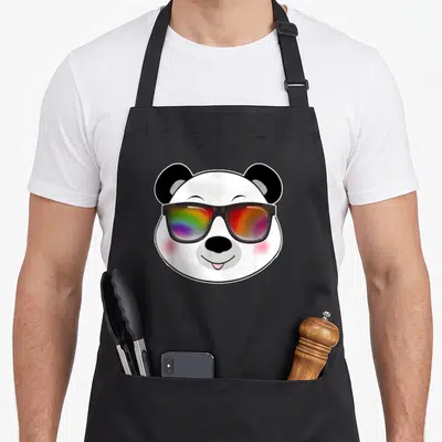 Tablier de cuisine noir avec tête de panda portant des lunettes de soleil aux verres colorés arc-en-ciel.