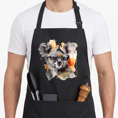 Tablier de cuisine noir avec illustration aquarelle d'un koala portant des lunettes de soleil orange et grises.