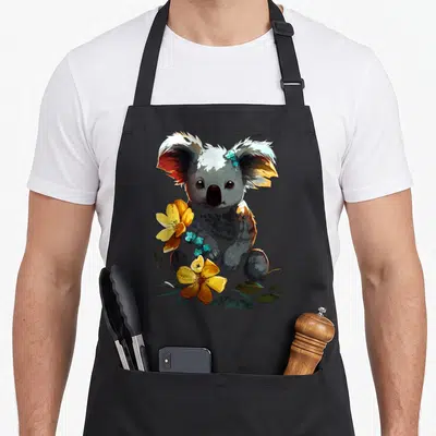 Tablier de cuisine noir avec un koala illustré tenant des fleurs jaunes et des papillons bleus sur le torse.