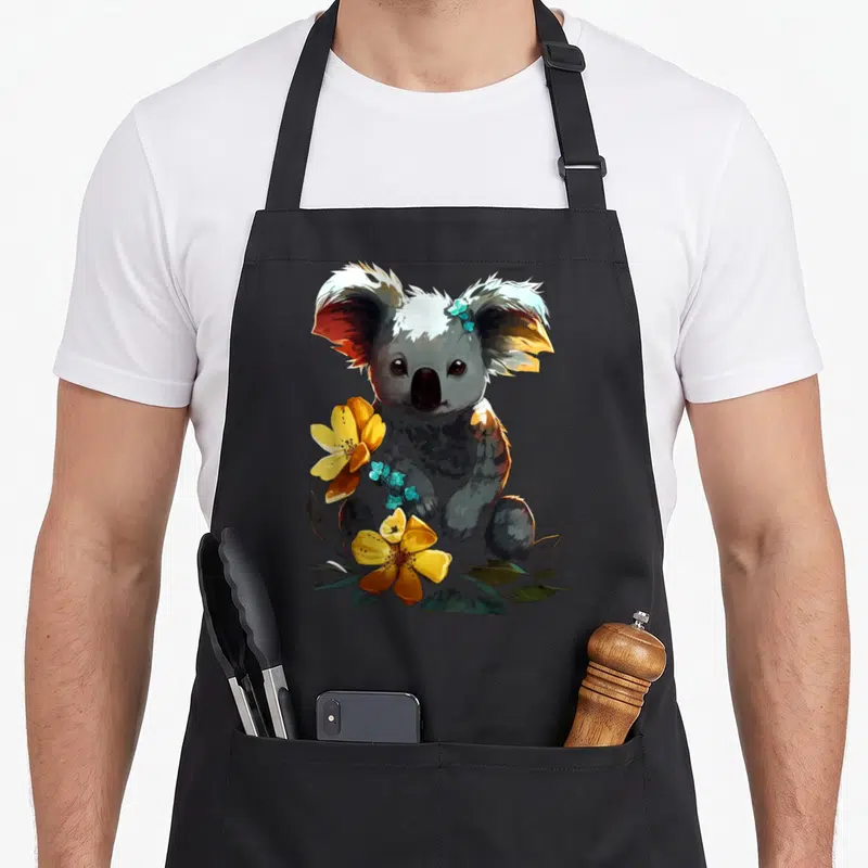 Tablier de cuisine noir avec un koala illustré tenant des fleurs jaunes et des papillons bleus sur le torse.