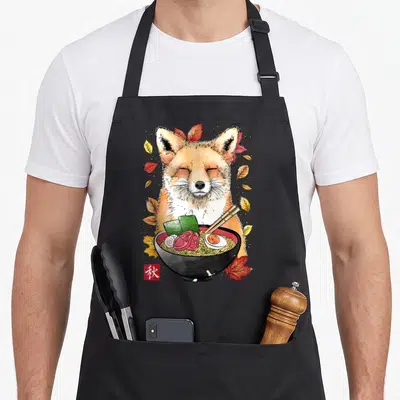 Tablier de cuisine noir avec illustration d'un renard et d'un bol de ramen automnal.