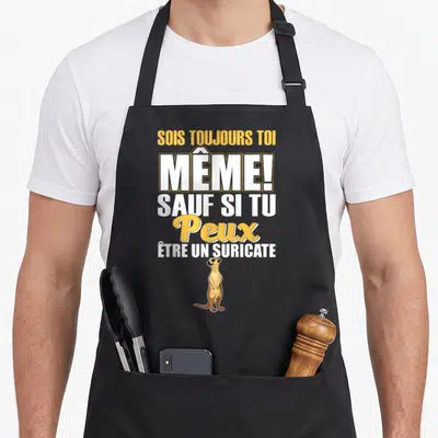 Tablier de cuisine noir avec texte jaune blanc et illustration d'un suricate debout