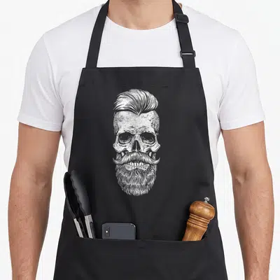 Tablier de cuisine noir avec un crâne blanc dessiné en gravure, coiffé d'une pompadour et portant une longue barbe soignée.