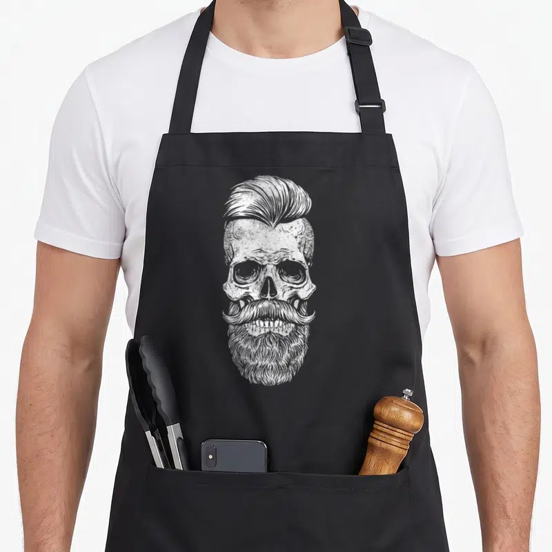 Tablier de cuisine noir avec un crâne blanc dessiné en gravure, coiffé d'une pompadour et portant une longue barbe soignée.