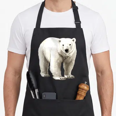 Tablier de cuisine noir avec illustration d'ours polaire blanc aux yeux noirs et griffes visibles