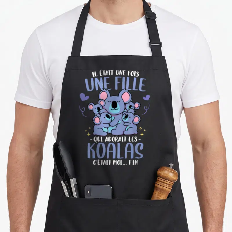 Tablier de cuisine noir avec illustration de koalas bleus et texte Il était une fois une fille qui adorait les koalas