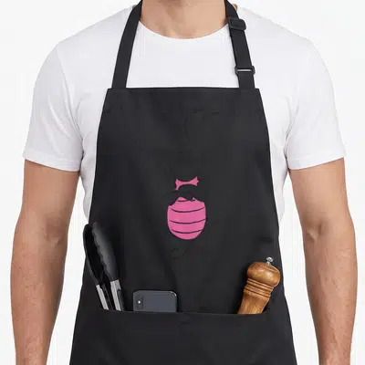 Tablier de cuisine noir avec illustration de Piglet rose aux bras croisés style esquisse dessinée