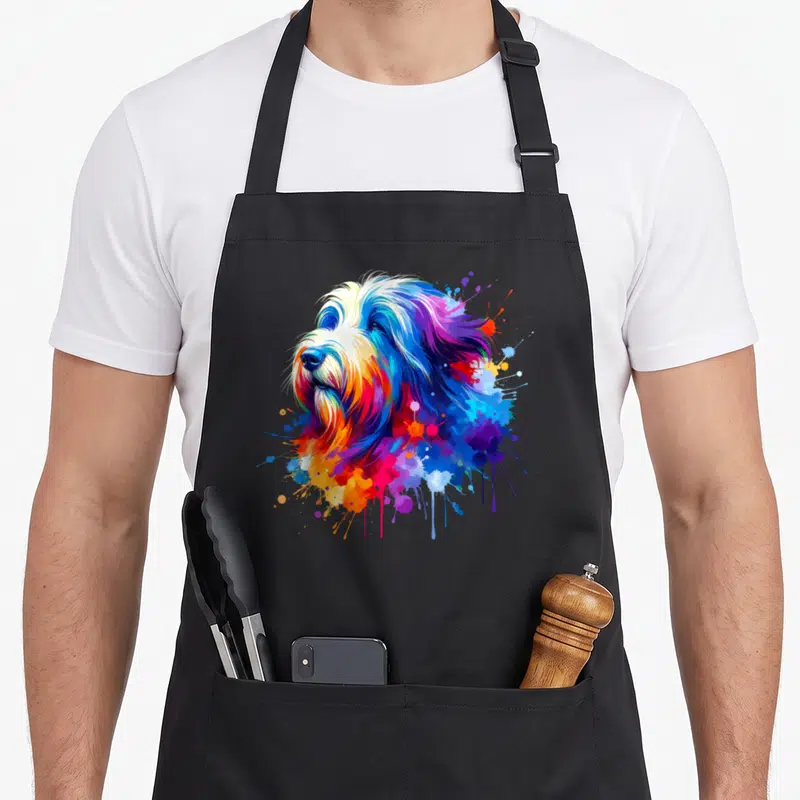 Tablier de cuisine noir avec illustration splash art d'un chien Bearded Collie aux couleurs vives et éclats de peinture.
