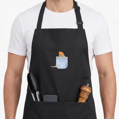 Tablier de cuisine noir avec illustration d'un lézard Bearded Pogona orange sortant d'une poche bleue clair.