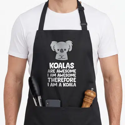 Tablier de cuisine noir avec illustration d'un koala gris et texte blanc en anglais sur fond uni.