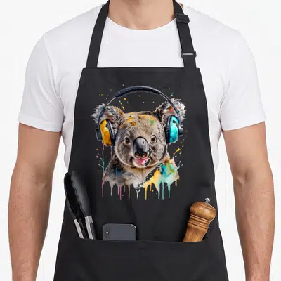 Tablier de cuisine noir avec un koala portant des écouteurs colorés et des éclaboussures de peinture.