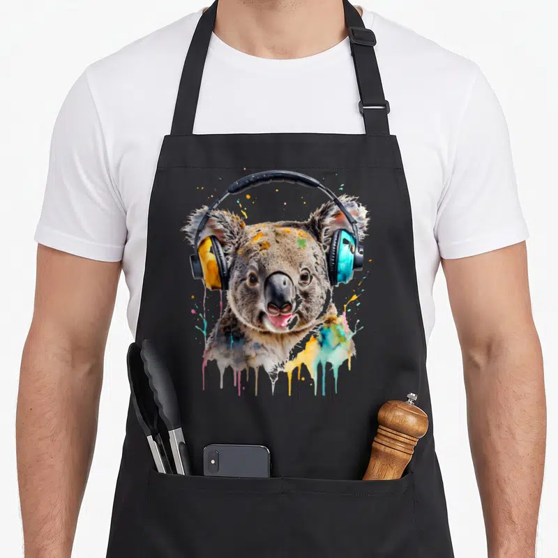 Tablier de cuisine noir avec un koala portant des écouteurs colorés et des éclaboussures de peinture.