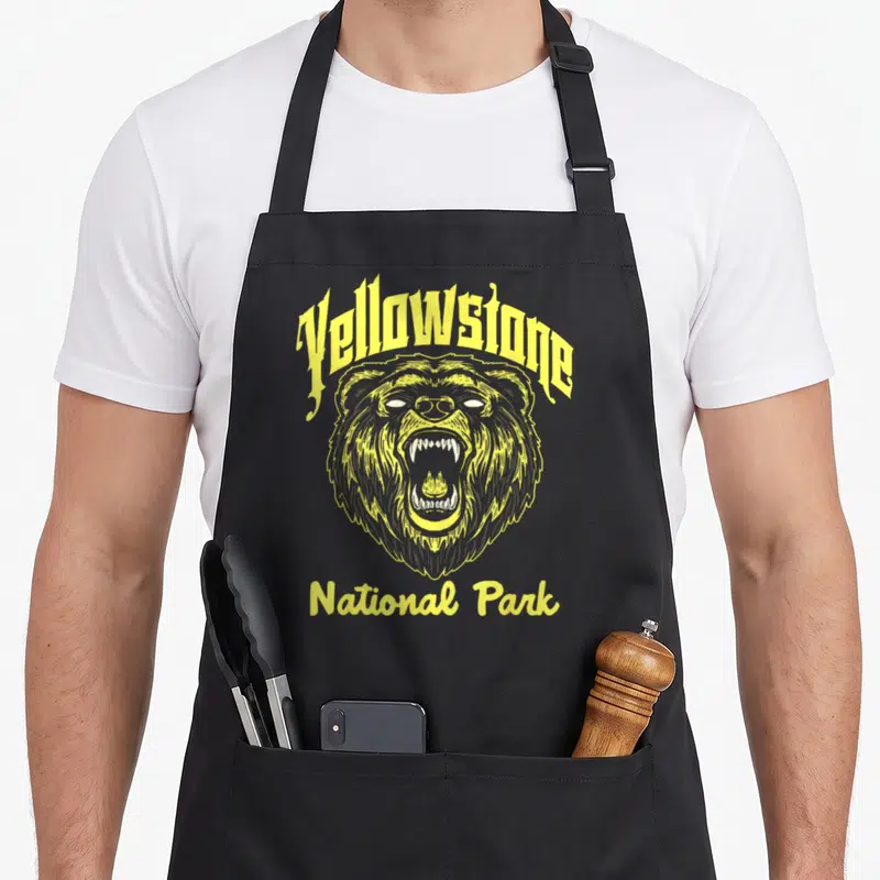 Tablier de cuisine noir avec illustration jaune d'un ours grizzly rugissant Yellowstone National Park Vintage