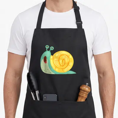 Tablier de cuisine noir avec illustration d'un escargot vert et jaune au design mignon et expressif.