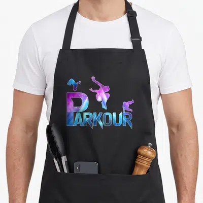 Tablier de cuisine noir avec logo Parkour course libre acrobatique stunts aux couleurs galactiques et silhouettes en mouvement.