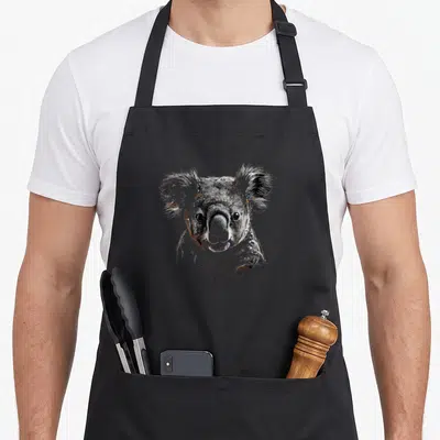 Tablier de cuisine noir avec illustration artistique d'un koala au regard intense et aux touches de couleur orange.