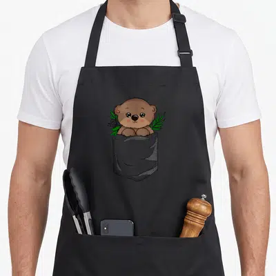 Tablier de cuisine noir avec ours brun mignon dans une poche grise et feuilles vertes stylisées
