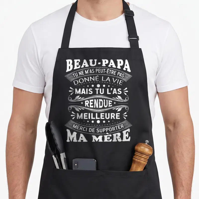 Tablier de cuisine noir avec inscription blanche type vintage rendant hommage au beau-papa