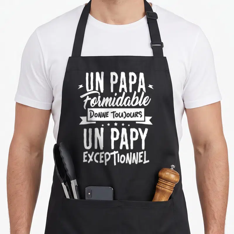 Tablier de cuisine noir avec inscription blanche Un Papa Formidable Donnes Un Papy Exceptionnel et décorations typographiques