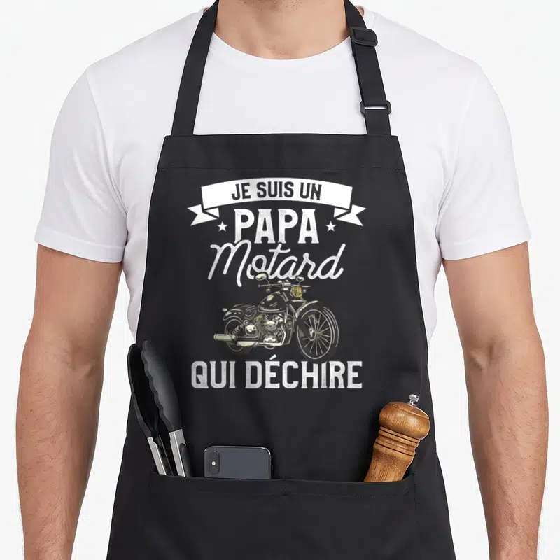 Tablier de cuisine noir avec illustration vintage moto et texte Je Suis Un Papa Motard Qui Déchire Cadeau Pour Un Papa