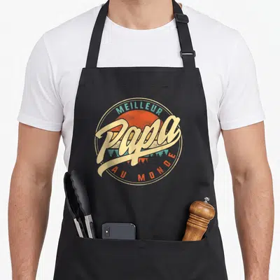 Tablier de cuisine noir avec logo circulaire vintage Meilleur Papa au Monde sur fond de soleil orange et silhouettes d'arbres bleus.
