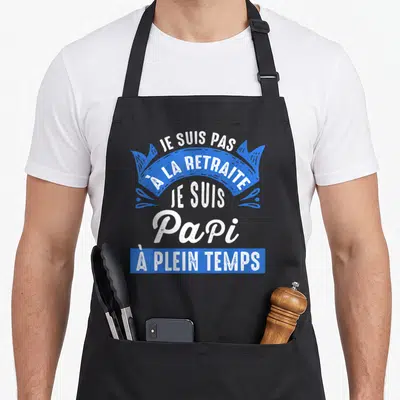 Tablier de cuisine noir avec inscription blanche et bannière bleue Je suis papi à plein temps.
