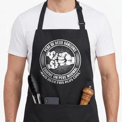 Tablier de cuisine noir avec illustration de poings se touchant et texte blanc en cercle.