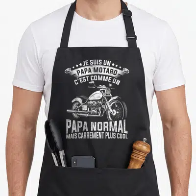 Tablier de cuisine noir avec illustration de moto vintage et texte Je suis un papa motard c'est comme un papa normal mais carrément plus cool.