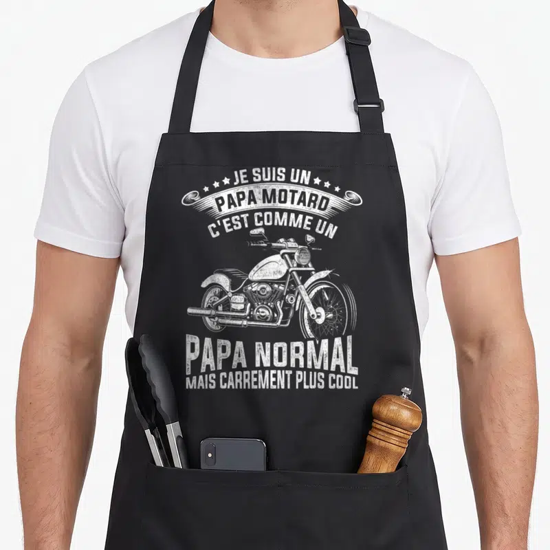 Tablier de cuisine noir avec illustration de moto vintage et texte Je suis un papa motard c'est comme un papa normal mais carrément plus cool.