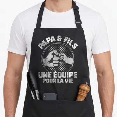 Tablier de cuisine noir avec inscription Papa et Fils et illustration de poings qui se touchent.