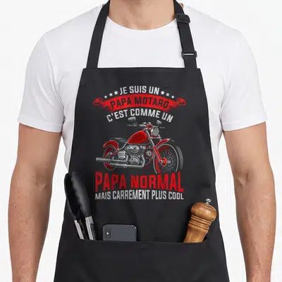 Tablier de cuisine noir avec illustration moto vintage rouge et texte Je suis un papa motard carrément plus cool.