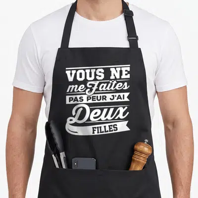Tablier de cuisine noir avec inscription blanche Vous ne me faites pas peur j'ai deux filles en typographie vintage.