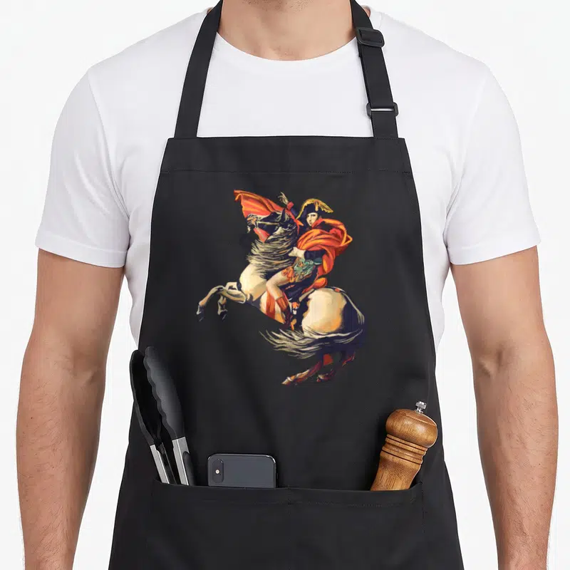 Tablier de cuisine noir avec illustration colorée d'un empereur sur un cheval cabré au manteau rouge vif.