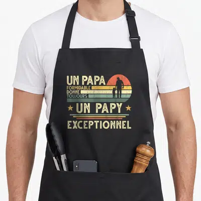 Tablier de cuisine noir avec texte Un Papa Formidable donne toujours un Papy Exceptionnel et silhouette sunset vintage