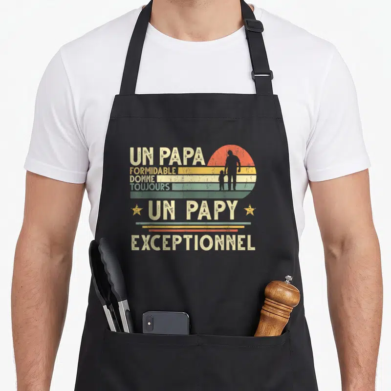 Tablier de cuisine noir avec texte Un Papa Formidable donne toujours un Papy Exceptionnel et silhouette sunset vintage