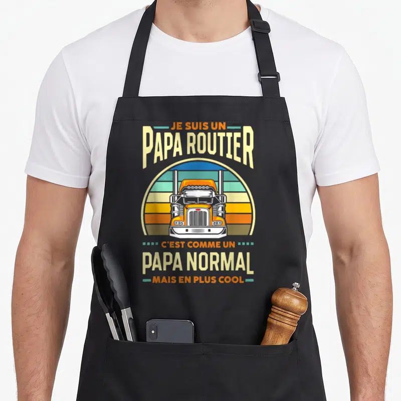 Tablier de cuisine noir avec illustration vintage d'un camion orange et texte Je suis un Papa routier c'est comme un Papa normal mais en plus cool