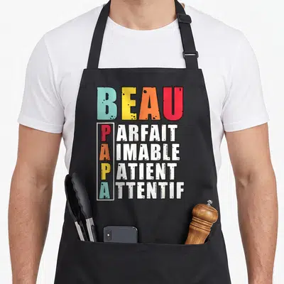 Tablier de cuisine noir avec typographie colorée Beau Papa Parfait Imable Patient Attentif.