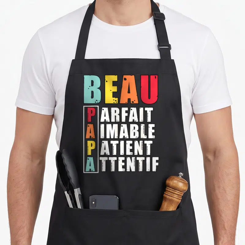 Tablier de cuisine noir avec typographie colorée Beau Papa Parfait Imable Patient Attentif.