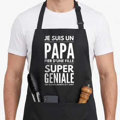 Tablier de cuisine noir avec le texte Je suis un papa fier d'une fille super geniale imprimé en blanc au centre.