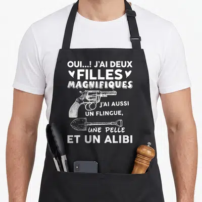 Tablier de cuisine noir avec inscription blanche J'ai deux filles magnifiques illustré d'un revolver et d'une pelle.