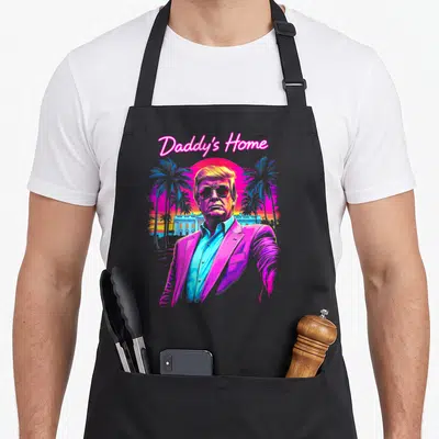 Tablier de cuisine noir avec illustration colorée Daddy's Home style synthwave et portrait de Donald Trump.